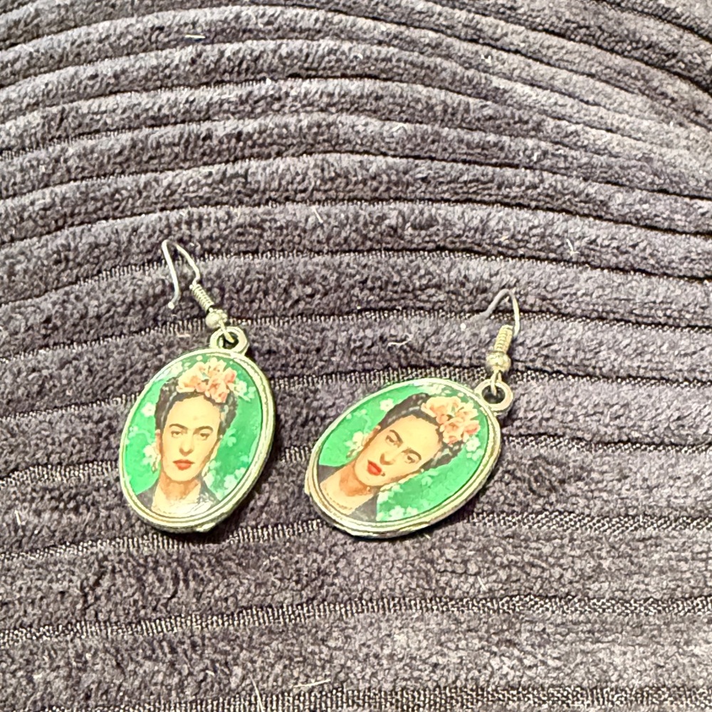 Frida Kahlo Green Oval Drop Earrings - Artistic Women’s Jewelry